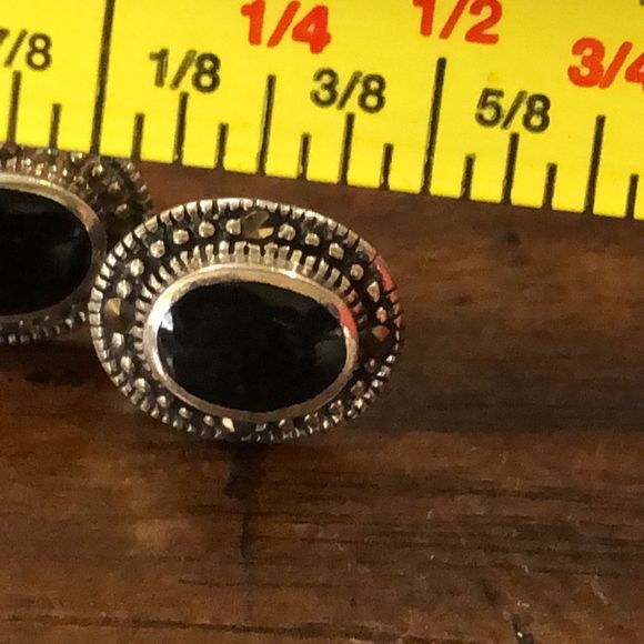 Onyx Marcasite Sterling Silver Post Stud Earrings - Picture 7 of 7